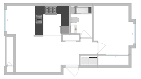 Floor plan for 1 bed, 1 bath, 631 sqft